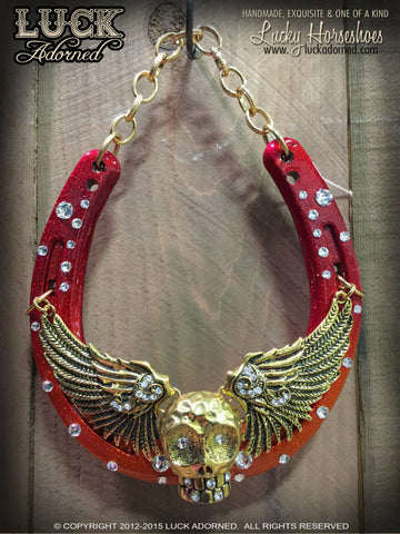 14k Hot Dog Lucky Horseshoe Art with Skull and Wings