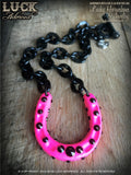 1606 Lucky Horseshoe necklace, horseshoe necklace, fun jewelry, lucky necklace, black chain, big, chunky, bold and badass, hot pink, neon