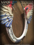 Patriot Luck Adorned Lucky Horseshoe hangs from blue leather and has...you guessed it-Red, White & Blue Swarovski crystals. This shoe says "I love America!!" and we do too!